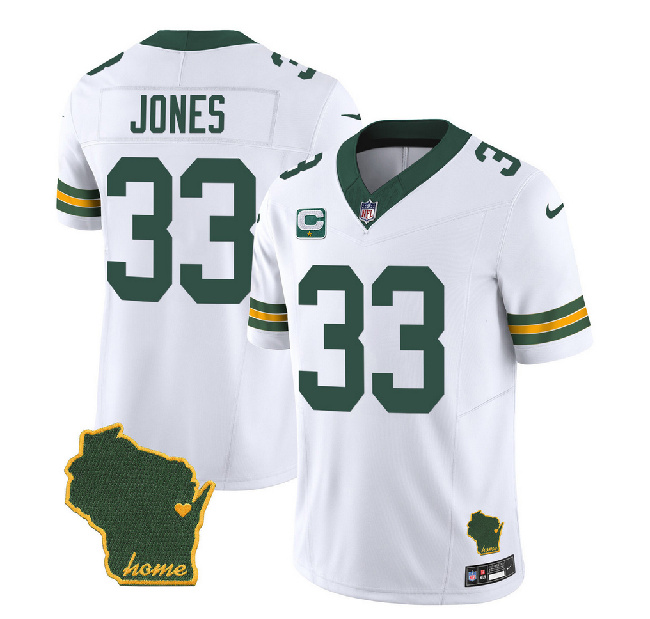 Men's Green Bay Packers #33 Aaron Jones White 2023 F.U.S.E. Home Patch And 1-Star C Patch Vapor Untouchable Limited Stitched Jersey